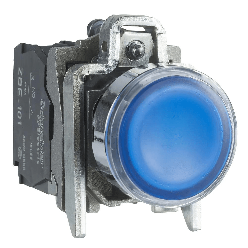 Botão Luminoso 22Mm Metálico Retorno Por Mola Azul Na+Nf 24Vca/Cc XB4BW36B5 Schneider
