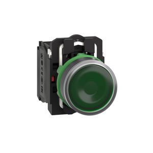 Botão luminoso Ø22mm plástico, retorno por mola, verde, NA+NF, 24VCA/CC