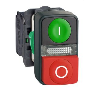 Botão duplo luminoso Ø22mm plástico, retorno por mola, verde "I", vermelho saliente "O", NA+NF, LED, 24V