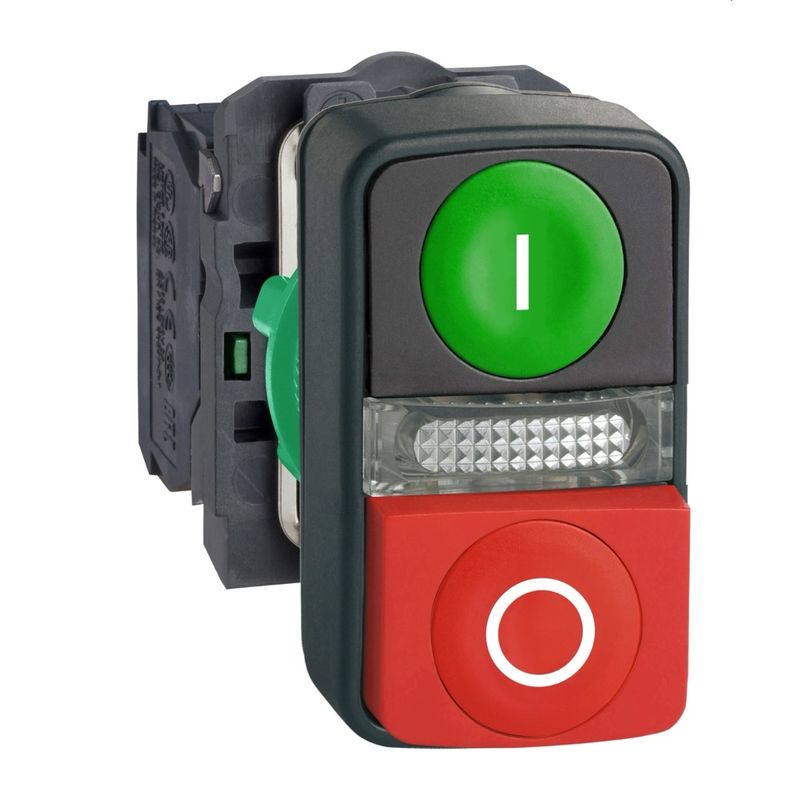 Botao-duplo-luminoso-Ø22mm-plastico-retorno-por-mola-verde--I--vermelho-saliente--O--NA-NF-LED-24V