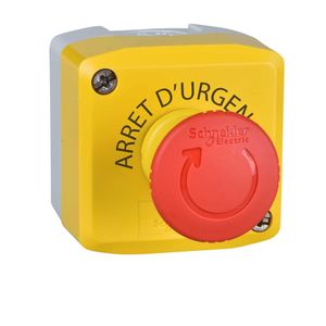 Botoeira de comando Ø22mm plástica amarela, botão de emergência, vermelho, girar para destravar, 2NF