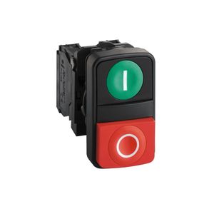 Botão duplo Ø22mm plástico, retorno por mola, verde "I", vermelho saliente "O", NA+NF
