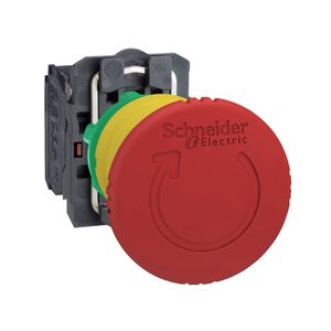 Botão Ø22mm plástico, emergência, girar para destravar, cogumelo Ø40mm, vermelho, NA+NF