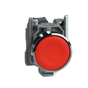 Botão Ø22mm metálico, retorno por mola, vermelho, NF
