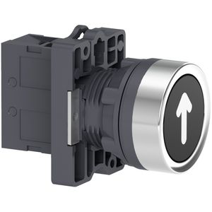 Botão Ø22mm plástico, retorno por mola, preto, gravação "↑", NA
