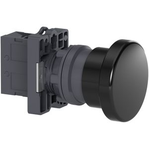 Botão Ø22mm plástico, retorno por mola, cogumelo Ø40, preto, NA