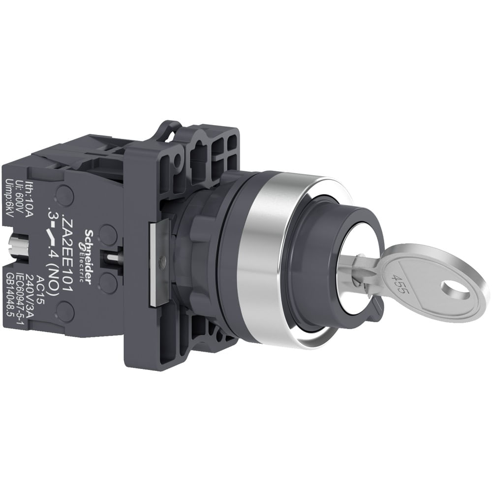 Chave seletora Ø22mm plástica, 3 posições fixas, com chave, 2NA